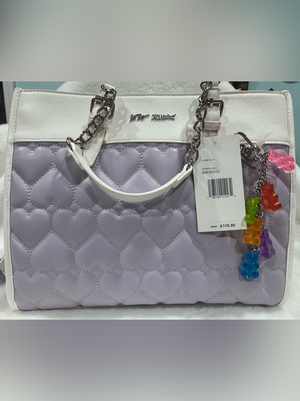 NWT Heart-Quilted Lavender and White Tote Bag by Betsey Johnson